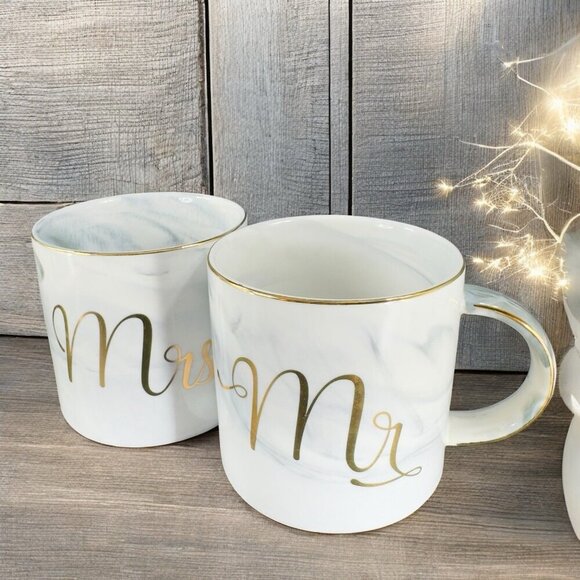Mr & Mrs Coffee Mug Cup Set Ceramic Marble Coloring Gold Edges Wedding Gift Mugs - Picture 1 of 13